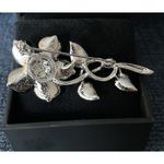 Rhinestone Encrusted Pin Flower Stem Leaves Silver Tone Cocktail Brooch Photo 3