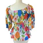 Cara Cara Heidi Smocked Top Shirt Womens S Blue Red Floral Peplum Cotton Pink Photo 2