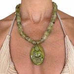 Green African glass bead with ceramic hand painted Buddha necklace Photo 2