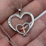 “I Love You Forever” Cross Heart CZ Two Tone Necklace Silver Photo 0