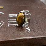 Handcrafted Brown Oval Tigereye Gemstone Cabochon Steel Adjustable Ring Photo 2