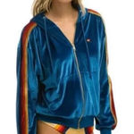 Aviator Nation  Classic Blue Velvet Relaxed Zip Hoodie Rainbow Stripes M Photo 0