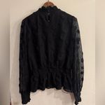 Gracia  Women’s Black Dot Detail Smocked Cuff Sheer Sleeve Peplum Hem Top Size L Photo 1