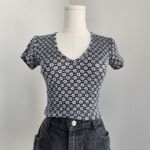 American Vintage 90s A. Byer Black White Floral Stretch Mesh V-Neck Fitted T-Shirt Top XS/S Photo 1