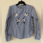 ZARA  Blue and White Striped Top With Embroidered Florals Size Small Photo 0