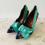 2010 LANVIN x H&M Green Floral Print Bow Mirrored Heels Pumps Photo 0