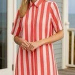 Atlantic Pacific x Lake Striped Collared Shirt Dress Large Coral White Poplin Red Photo 0