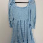 Blue Large Smocked Swing Mini Skater Dress Tiered Square Neck Long Sleeve Photo 3