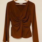 FAVLUX Rust Front Knot Gathered Ruched Long Sleeve Blouse Photo 0