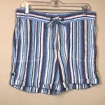 Per Se Women’s Linen Blend Boho Striped Tie Waist Fold-Over Hem Shorts Photo 0