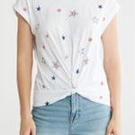 Lucky Brand  NWT Women's White Twist Front Red Blue Embroidered Stars Knit Top M Photo 0