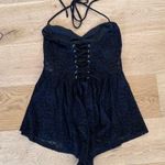 White Fox Boutique  - Lace Up Back Halter Neck Sheer Lace Romper in Black Photo 3