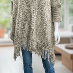 Umgee  Fringe Poncho‎ Knit Sweater Tunic Pullover Oversized Neutral Colors Photo 0