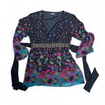 Bisou Bisou y2k vintage Baby doll all over print colorful embellished waist‎ tie blouse XS Photo 2