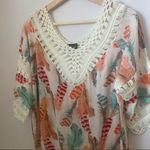 Kohinoor Swim Cover Tunic Blouse Dress Crochet detail Feather Print Boho Sz Lg Photo 1