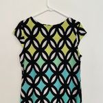 Madison Leigh  Black White Green Geometric Print Short Cap Sleeve Sheath Dress 12 Photo 7