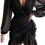 New Showpo. Can I Be Your Honey Black Ruched Plunge Balloon Sleeve Mini Dress 4‎ Photo 0