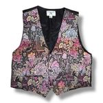 Vintage 90s Tapestry Vest Bold Floral Jacquard Adjustable Back Large Waistcoat Black Photo 1
