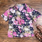 vintage • 80s floral button down blouse shirt short sleeve pink navy print Size M Photo 0