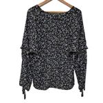 Mystree  Boho Navy Green Floral Tassel Sleeve V-Neck Blouse Size L Photo 2