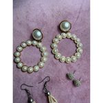 Lot of 3 Vintage Statement Earrings Pearl Hoops Beaded Tassel Dangle Studs Gold Photo 3