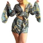 AELSON Women's Boho V Neck Paisley Print Flare Sleeves Romper Concert Sz XL Blue Photo 0