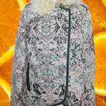 Elevenses Floral Print Jacket Faux Fur Collar Asymmetrical Zip Size 10 Photo 0