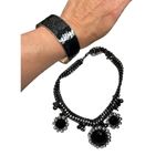 Black & silver chunky rhinestone floral statement necklace and sequin black bang Photo 6