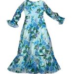 Vintage 70s Long Blue Floral Gown Avalon Classics Size 12 Maxi Long Sleeve Dress Photo 0