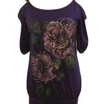 Rhapsody NEW Juniors  Purple Off the Cold Shoulder Floral Knit Top Chaim Straps M Photo 0
