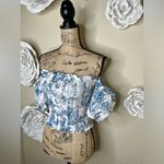 Gianni Bini Ivory/Blue French Toile Print Off Shoulder Blouse Size Extra Small Photo 5