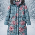 Sundance  Floral Duck Down Blue Pink Puffer Coat Photo 0