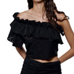 ZARA RUFFLED ASYMMETRIC TOP BLACK EYELET Size L Photo 2