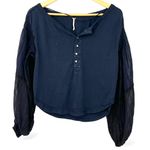 Free People  S Top Blouse Tee Light Magic Henley in Deepest Navy Puff Sleeve Photo 2