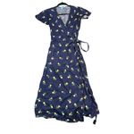 Draper James  Navy Yellow Floral Wrap Dress - Size 6 - 100% Linen Photo 4