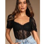 Lulus Womens Feeling Flirtatious Floral Lace Puff Sleeve Bustier Bodysuit Size M Black Size M Photo 0