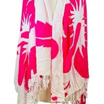 HOT PINK AND WHITE FLORAL HIBISCUS SCARF TASSELS 60x48 Photo 0