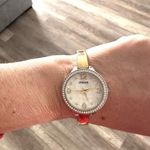 Chico's Chico’s Large Face Mother of Pearl Pave Rhinestone Goldtone Delicate Band Watch Photo 1