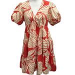 Hutch  Coral Plumeria Print Puff Sleeve Tiered V-Neck Mini Dress Preppy Coastal Photo 2