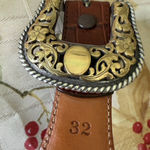 Justin  Leather Western Belt 938BR 32” Engraved Buckle Beautiful! Photo 0