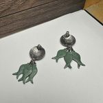Fish Charms Silver Tone & Green Dangle Drop Pierced Earrings Rustic Style Photo 3