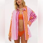 Beach Riot  Women's Pink Orange Alexa Sunset Stripe Button Down Shirt Size Large Photo 2