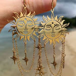 Gold Sun Face Dangle Earrings Celestial Star Chain Drop Boho Jewelry new Photo 0