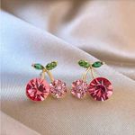 Elegant Pink and Green Crystal Cherry Earrings Photo 2