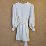 Long Sleeve Ivory White Mini Dress‎ Waist Tie Satin Silk Sz Small Photo 9