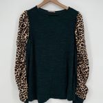 Ces Femme Top Womens Medium Multicolor Leopard Print Tight Knit Puff Sleeve Photo 0
