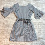 Pappagallo Women’s 12 Gray White Stripe Dress Bell Ruffle Sleeve Resort Office Photo 0