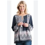 Umgee  Women's Size Small Mixed Print Blouse Bohemian‎ Tassel Oversize Peasant Photo 3