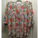 Cure Women's Size 2XL Multicolor Floral 3/4 Bell Sleeves Boat Neck Ribbed Top Pink Photo 0