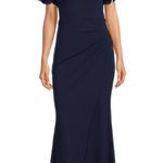 XScape Navy ROSETTE Off the Shoulder RUFFLE Sleeve RUCHED Waist GOWN Size 4 Photo 0